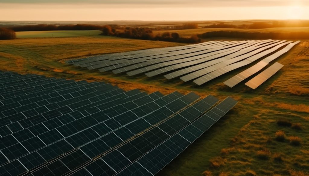 ferme solaire terrain coucher soleil arriere plan - Recrutement de Directeur Technique en Énergies Renouvelables - Innovation et Expertise